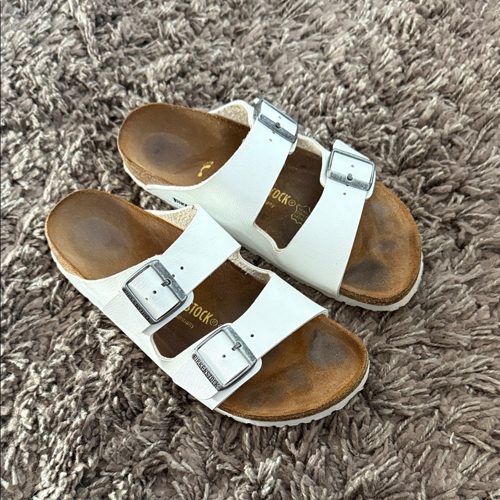 Birkenstock White Sandals with Silver Buckles